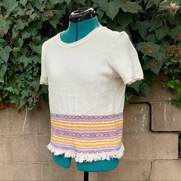 Madewell Fringed Sweater M Ivory Jacquard Knit Tee Short Sleeves Boho - Picture 2 of 9